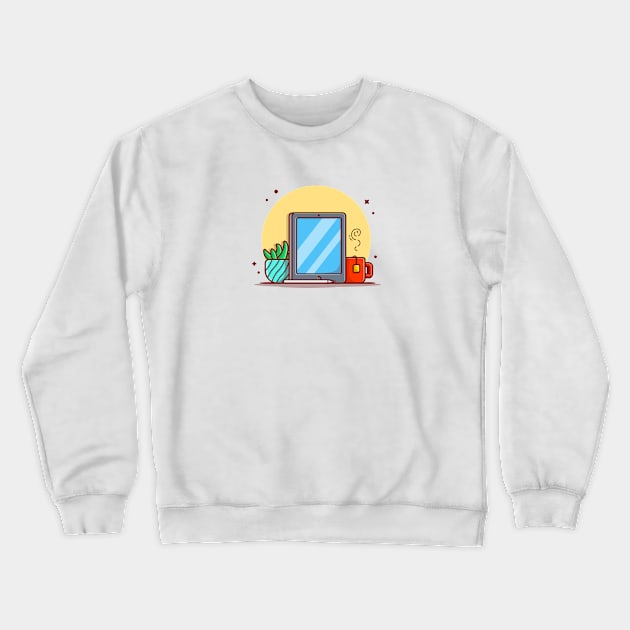 Tablet And Stylus Pencil With Tea And Cactus Cartoon Vector Icon Illustration. Crewneck Sweatshirt by Catalyst Labs